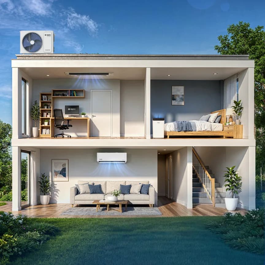 Coupe d'une maison illustrant des climatiseurs Solter Inverter installés dans plusieurs pièces, pour un confort économe en énergie